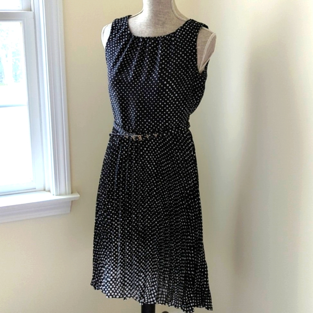 Charter Club Polka Dot Pleated Dress, Black and White, Size 6P
